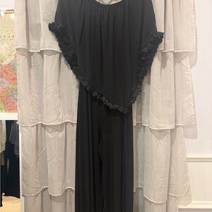 Black Off-Shoulder Jumpsuit with Petal-Trim Overlay